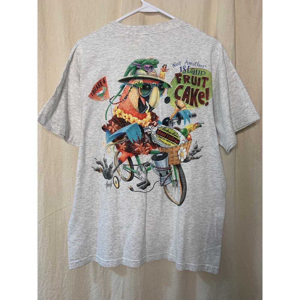 Vintage 2001 Jimmy Buffett Margaritaville Fruit Cake Parrot Bike Graphic Shirt L